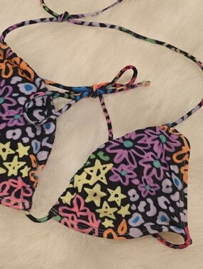 No Boundaries Neon Floral Triangle Bikini Top with Black Trim